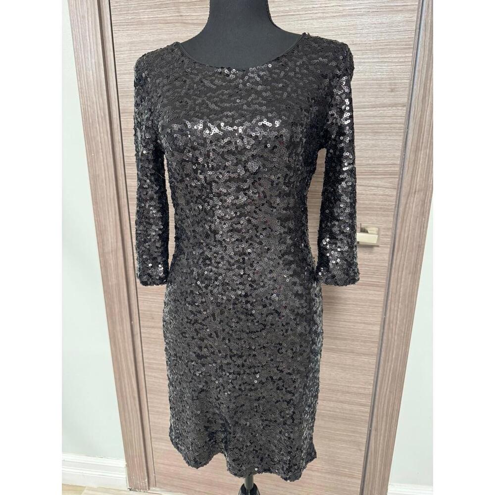 BB Dakota Black Sequin Bodycon Dress Size S 3/4 Sleeve Cocktail Party Evening